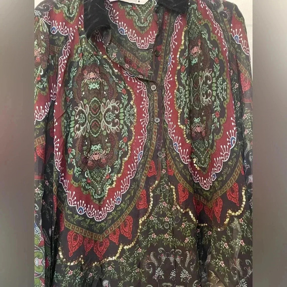Zara Woman’s Small Sheer Blouse Paisley Colorful Print Sequins Velvet Collar - Picture 5 of 8
